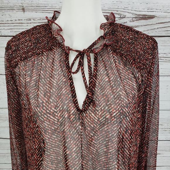 Chico's Herringbone Mesh Sheer Smocked Detail Long Sleeve Top Size 3 - Picture 6 of 11